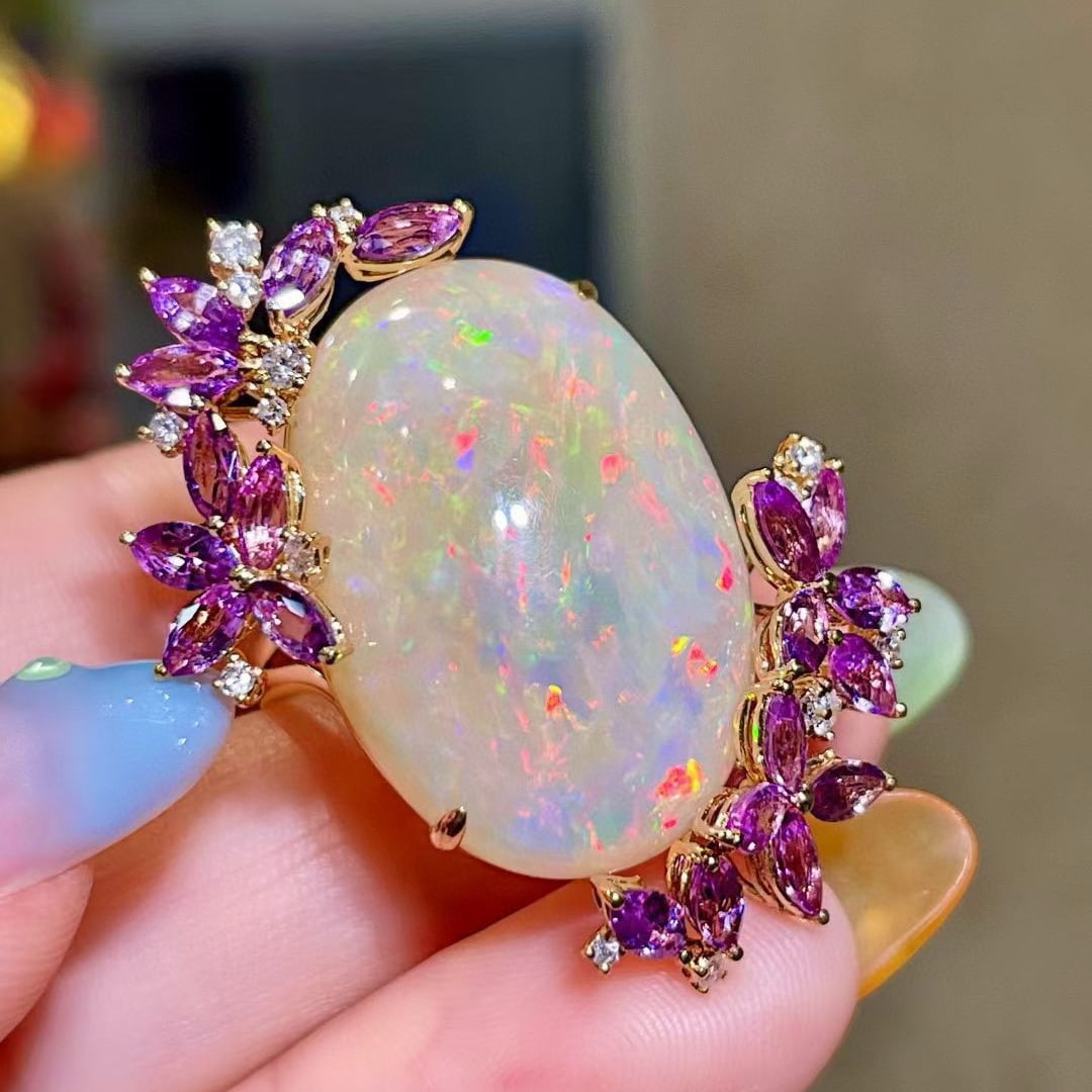 14k Gold 28.57 Ctw Natural Opal & Sapphire Ring - 2