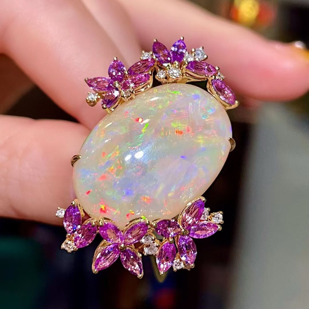 14k Gold 28.57 Ctw Natural Opal & Sapphire Ring - 3