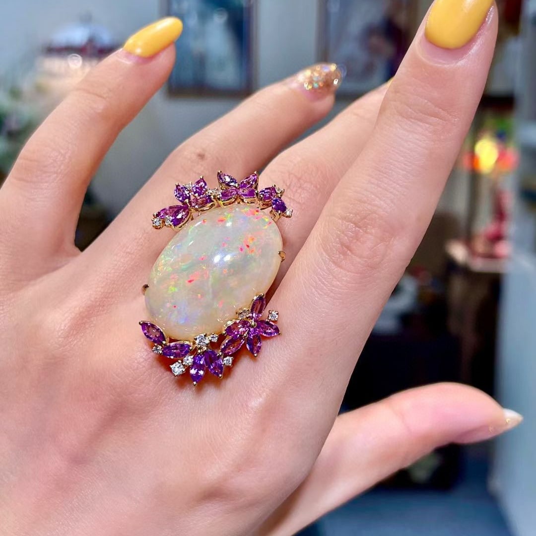 14k Gold 28.57 Ctw Natural Opal & Sapphire Ring - 4