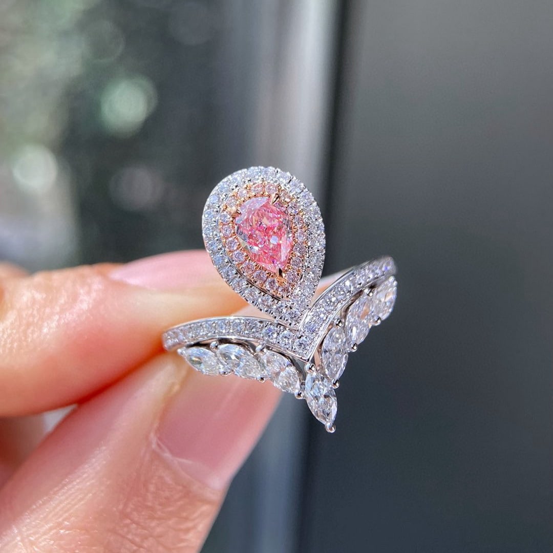 Gia Certified 14k Gold 0.99 Ctw Natural Pink Diamond & Diamond Ring: Ref:231058139 // gold content:14k gold // ring size:7. 25us // // main gemstone:pink diamond // certified:gia // shape:pear // carat weight:0. 29ct // clarity grade:i1 // color:pink //