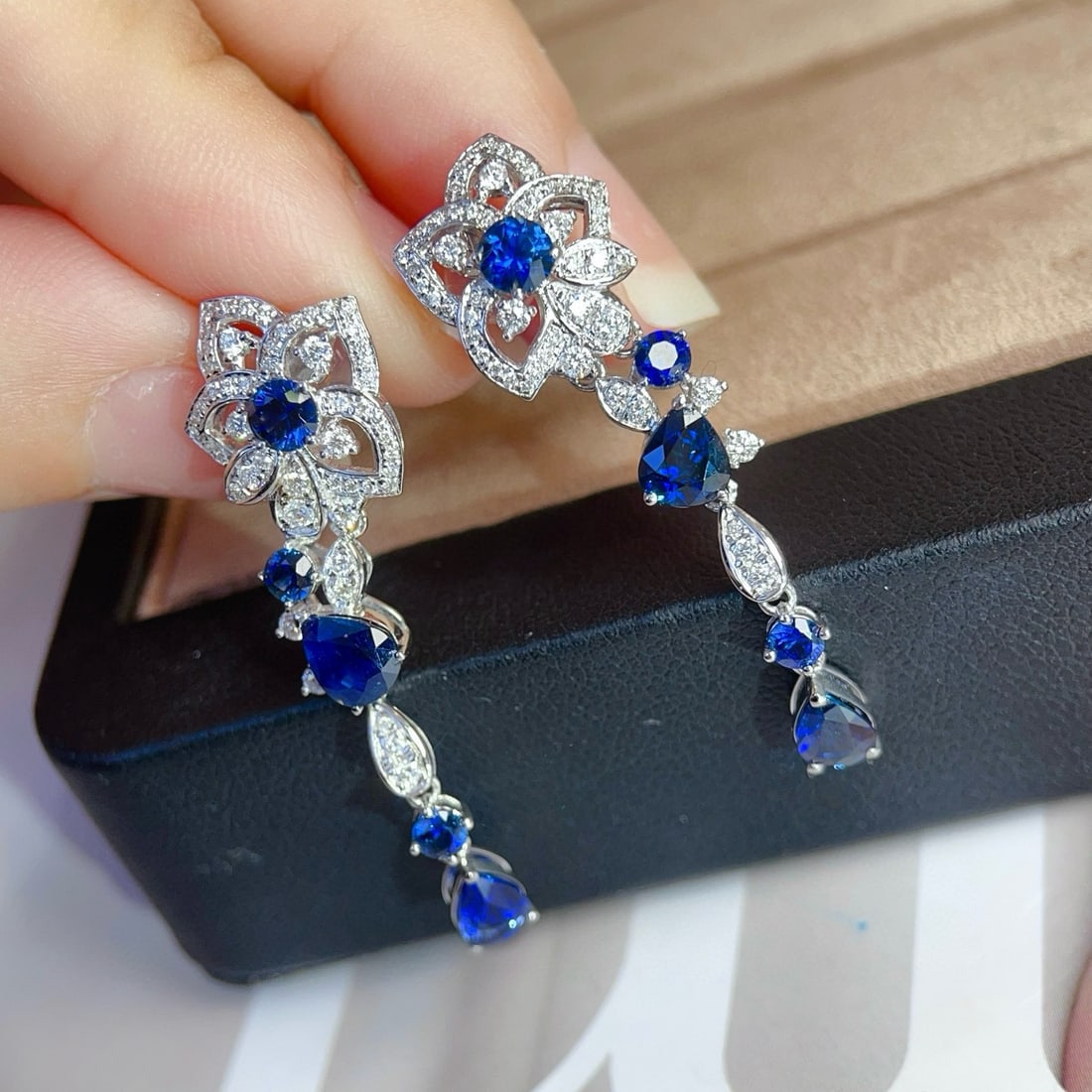 14k Gold 4.54 Ctw Natural Sapphire & Diamond Earrings - 2