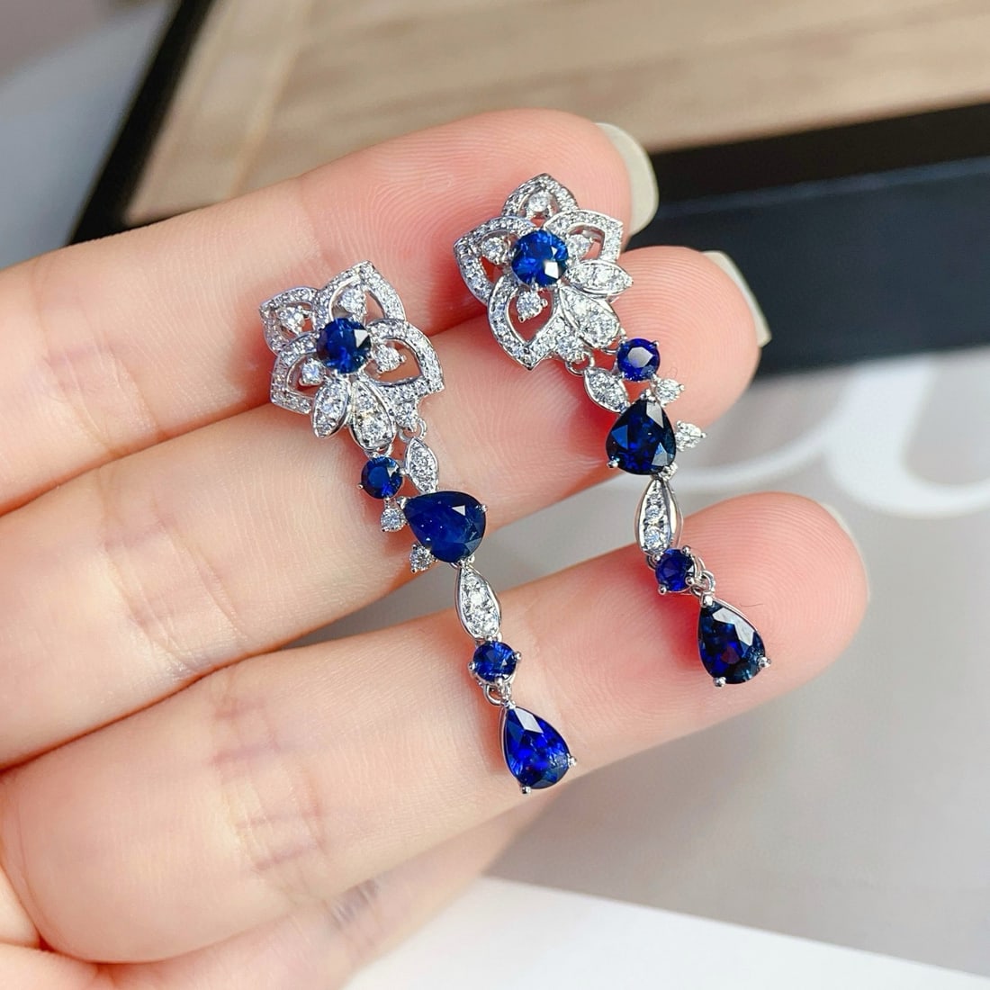 14k Gold 4.54 Ctw Natural Sapphire & Diamond Earrings - 4