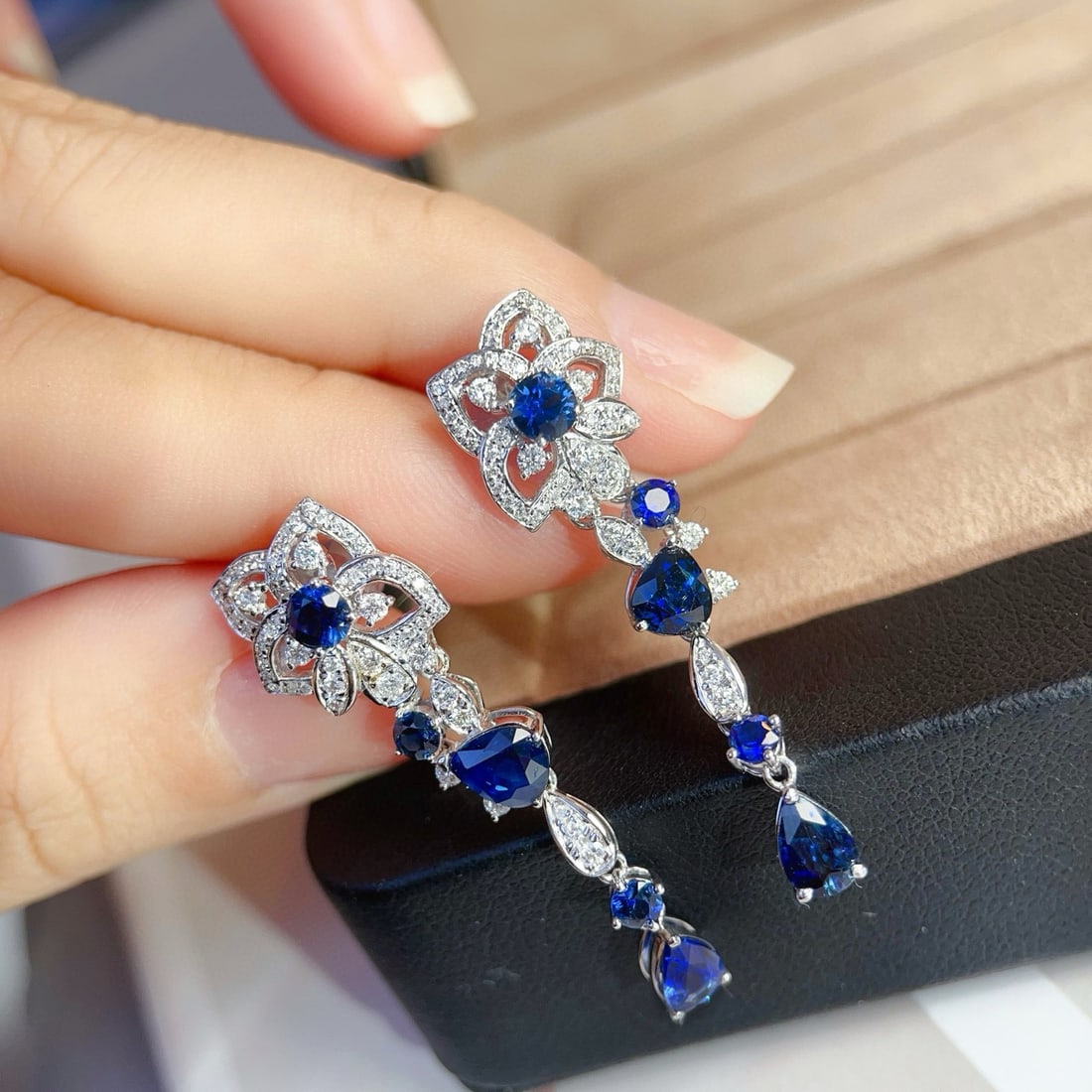 14k Gold 4.54 Ctw Natural Sapphire & Diamond Earrings - 6