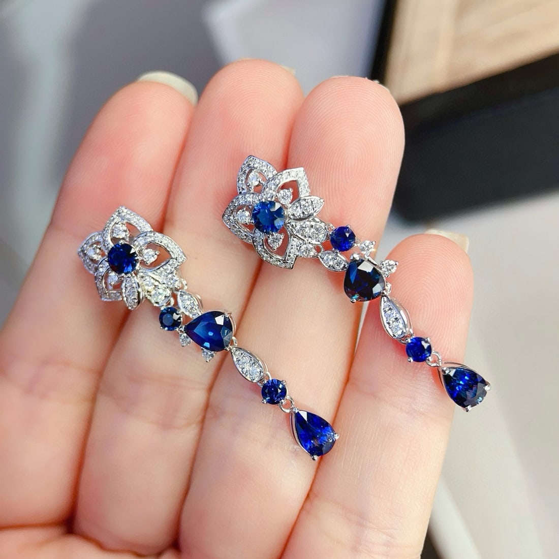 14k Gold 4.54 Ctw Natural Sapphire & Diamond Earrings - 7
