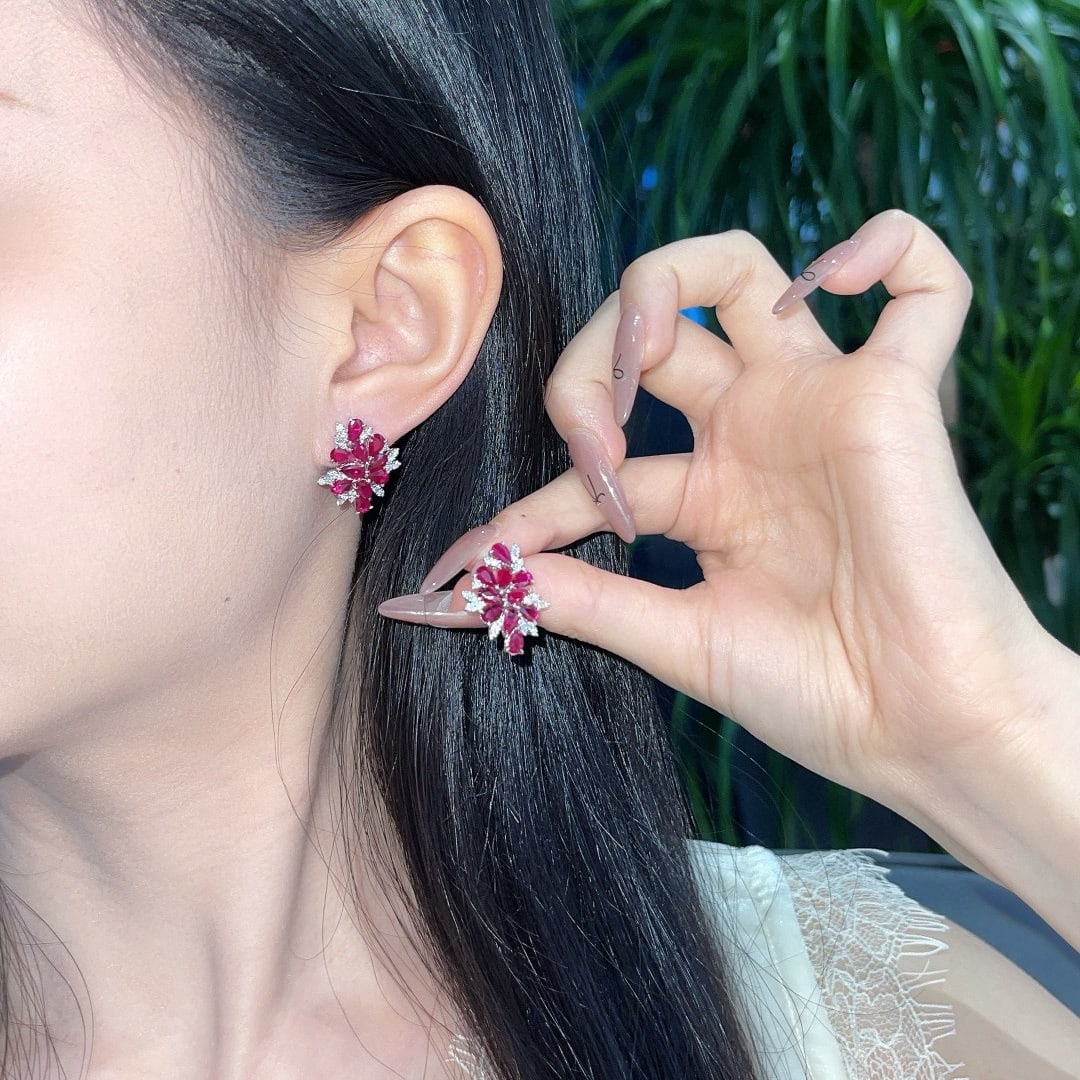 14k Gold 3.4 Ct Natural Ruby & Diamond Earrings - 2