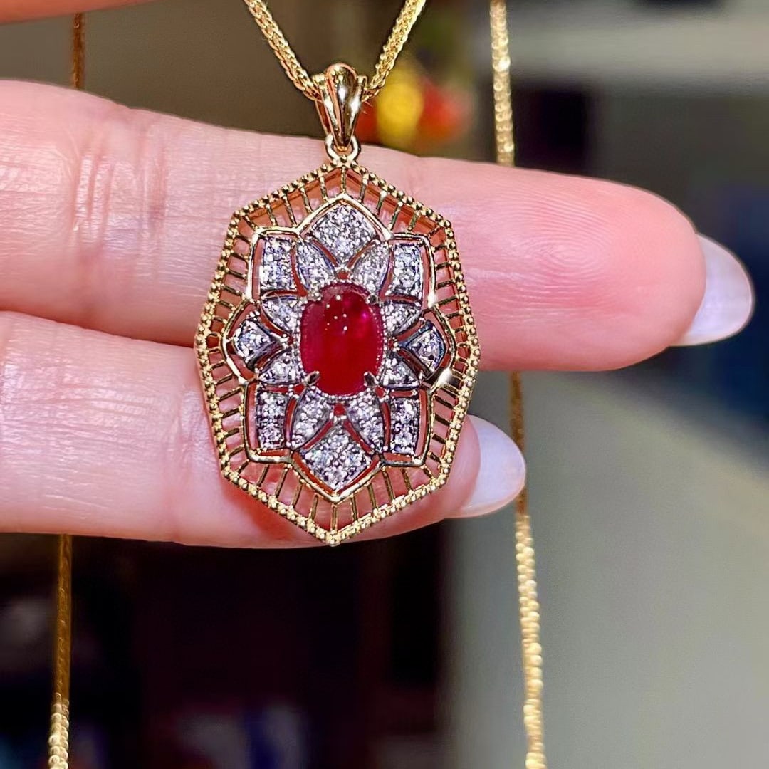 14k Gold 1.25 Ctw Natural Ruby & Diamond Pendant( Without Chain ): Ref:231058161 // gold content:14k gold // main gemstone:ruby // shape:oval // carat weight:1. 13ct // color:red // treatment:natural // // adjacent gemstone 2 : diamond // shape:round // carat