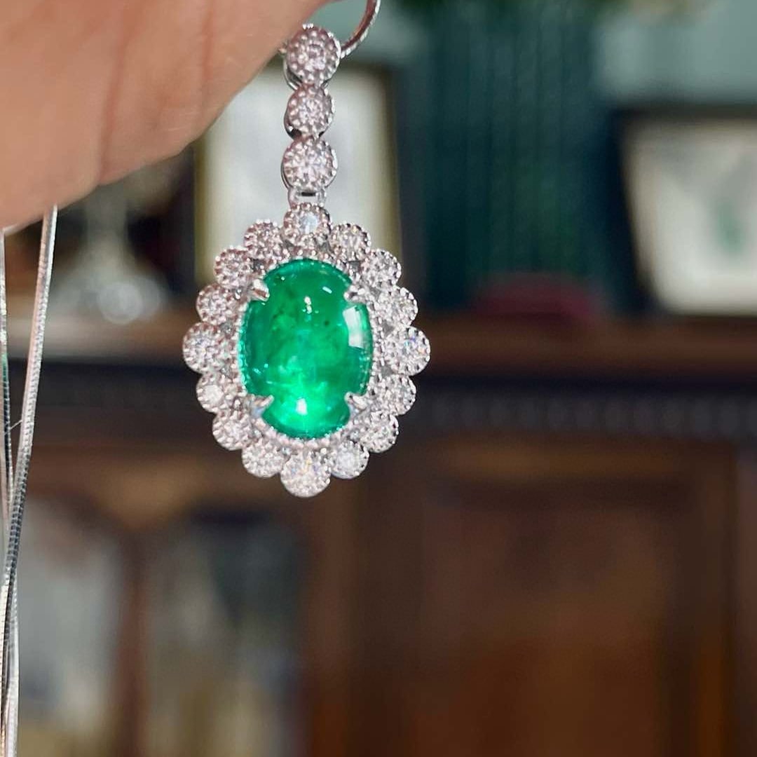 14k Gold 3.63 Ctw Vivid Green Natural Emerald & Diamond Pendant( Without Chain ) - 2