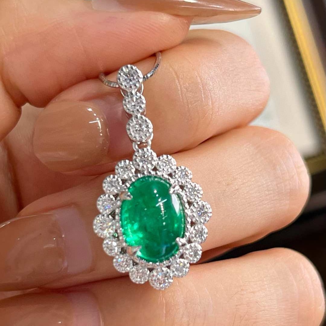 14k Gold 3.63 Ctw Vivid Green Natural Emerald & Diamond Pendant( Without Chain ) - 6