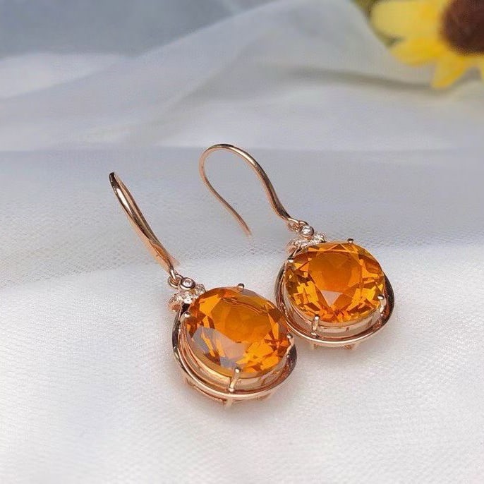 14k Gold 10.35 Ct Natural Citrine & Diamond Earrings - 3