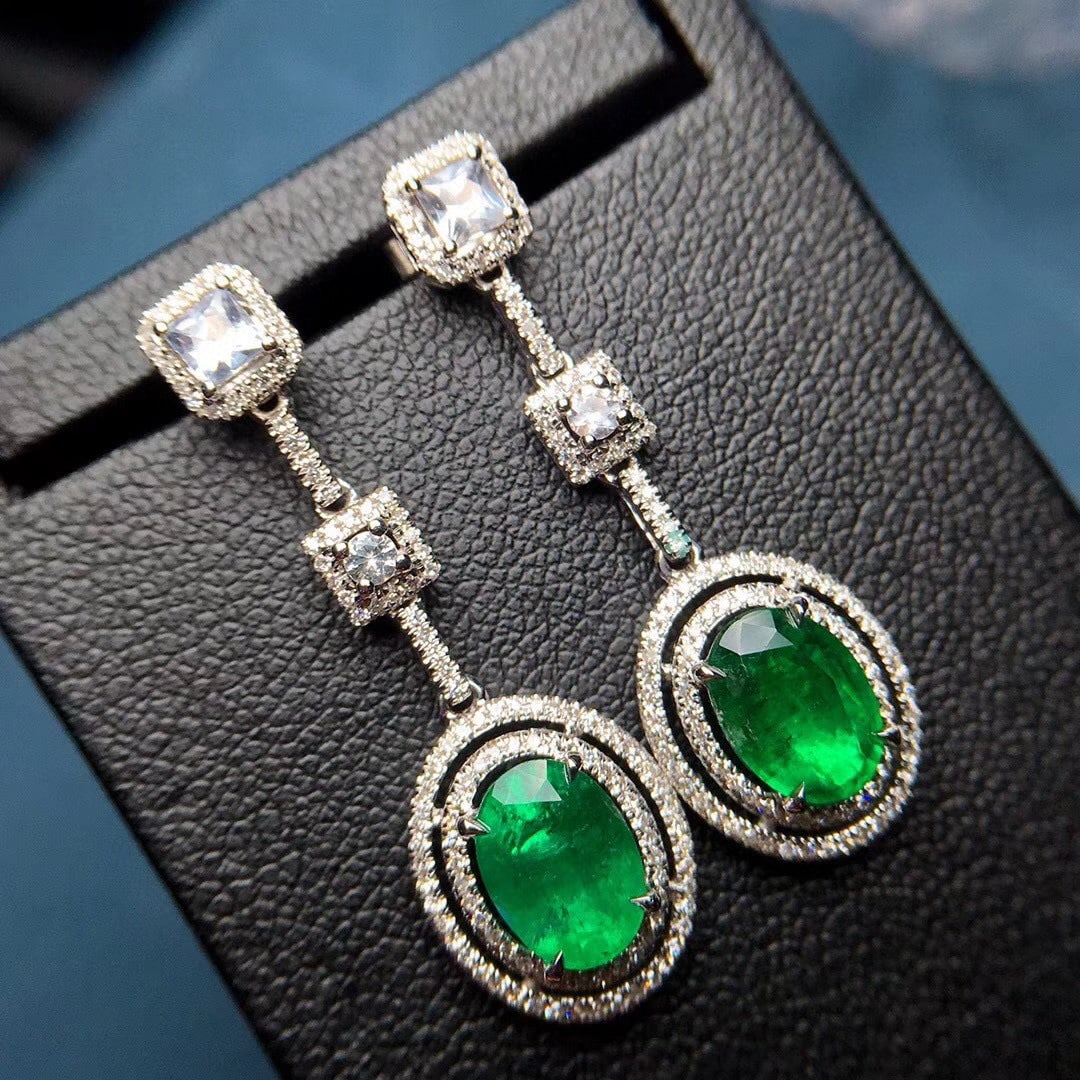 14k Gold 3.12 Ctw Vivid Green Natural Emerald & Diamond Earrings - 2