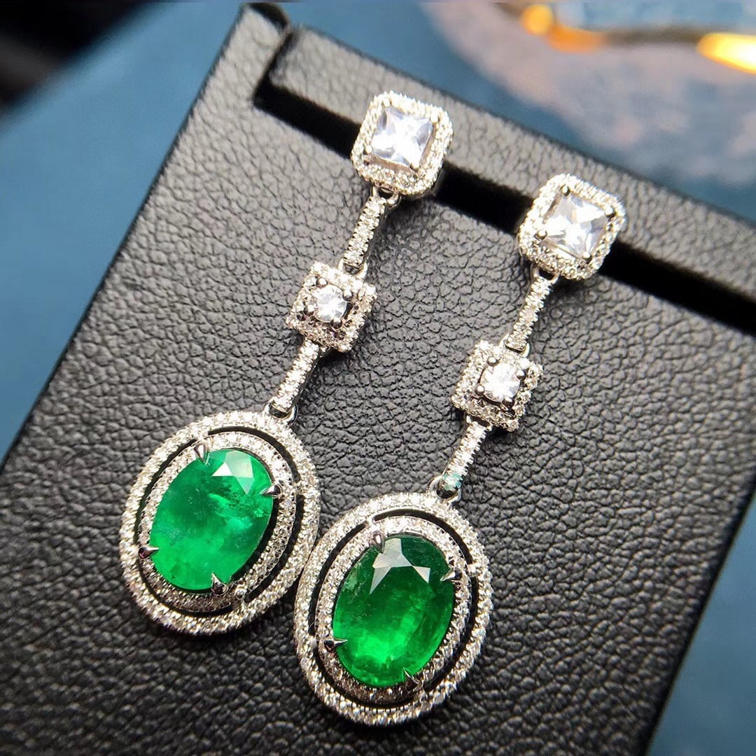 14k Gold 3.12 Ctw Vivid Green Natural Emerald & Diamond Earrings - 3