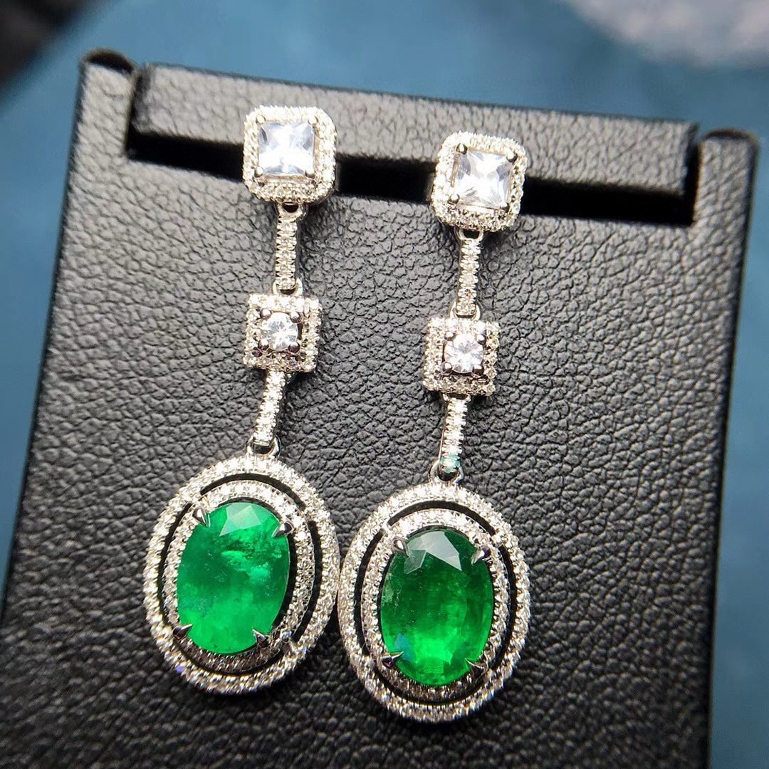 14k Gold 3.12 Ctw Vivid Green Natural Emerald & Diamond Earrings - 4