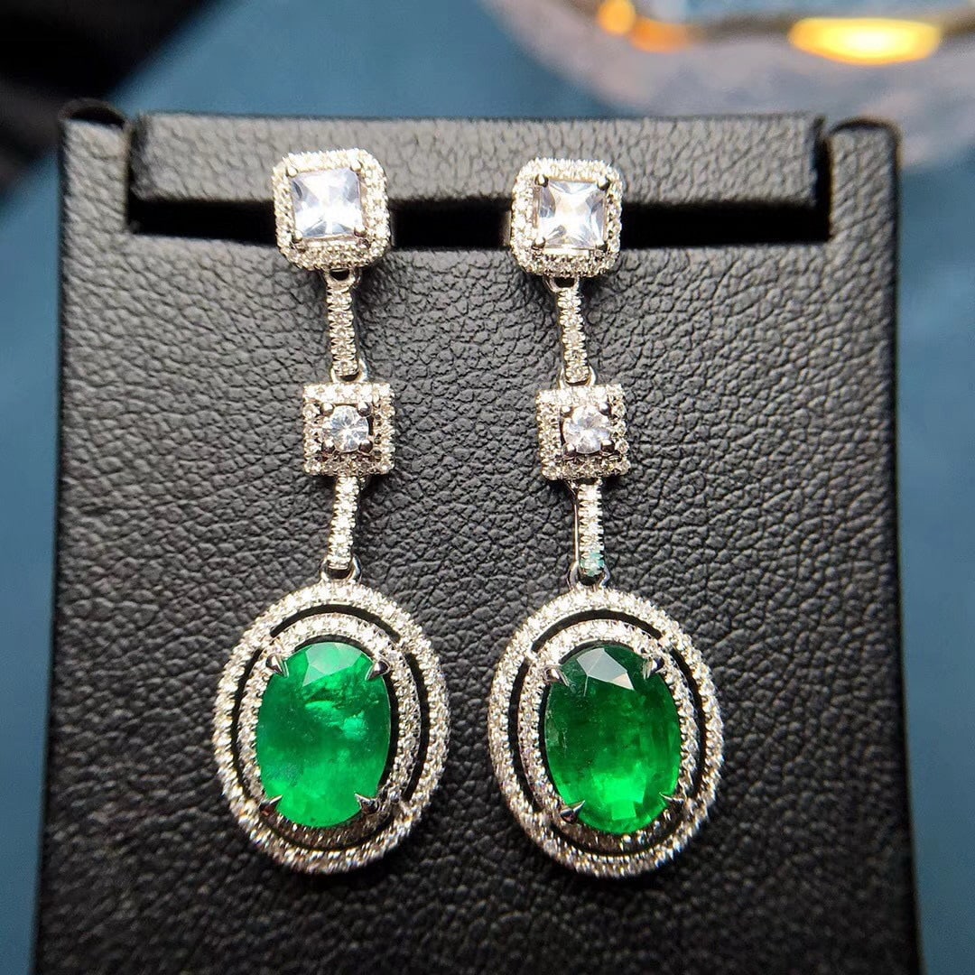 14k Gold 3.12 Ctw Vivid Green Natural Emerald & Diamond Earrings - 7