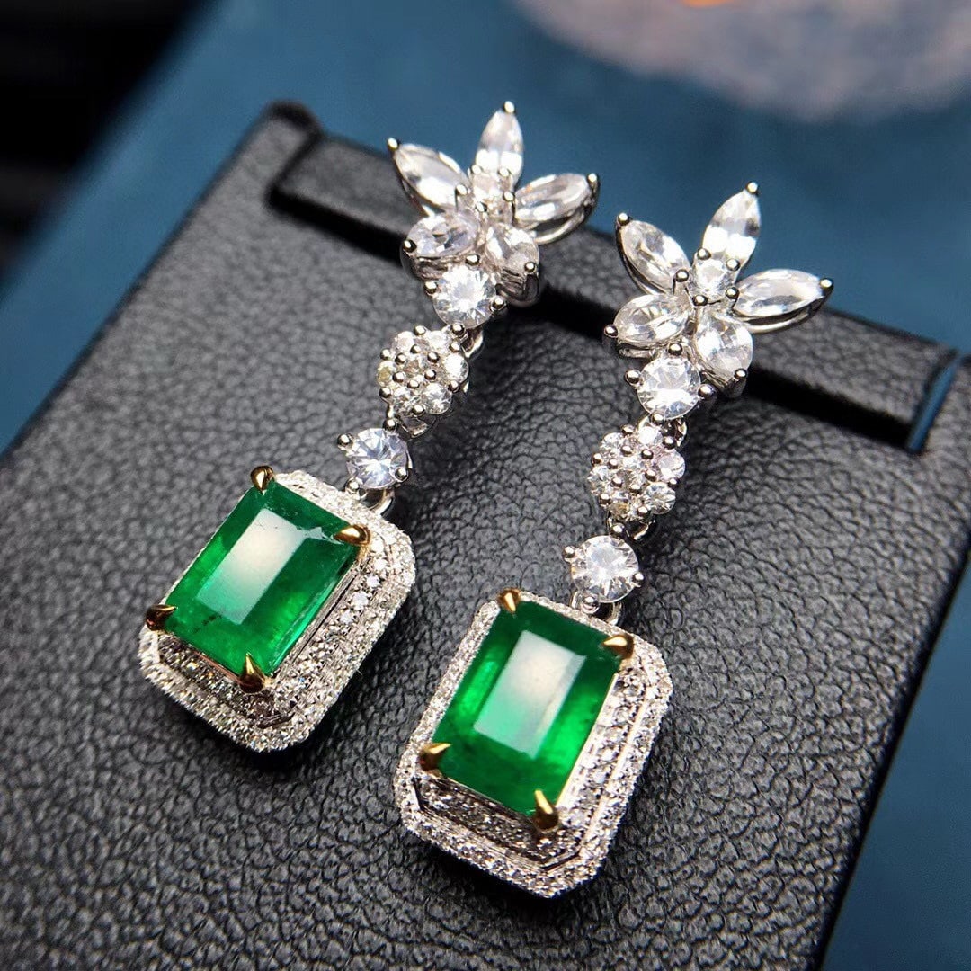 14k Gold 3.79 Ctw Vivid Green Natural Emerald & Diamond Earrings - 2