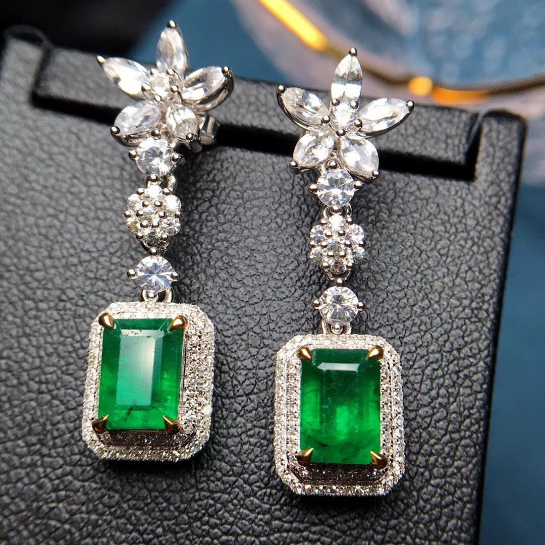 14k Gold 3.79 Ctw Vivid Green Natural Emerald & Diamond Earrings - 5