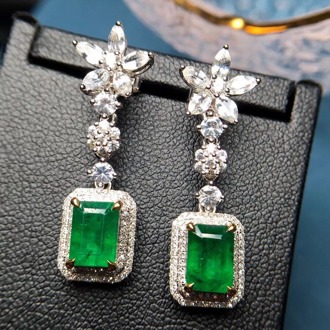 14k Gold 3.79 Ctw Vivid Green Natural Emerald & Diamond Earrings - 6