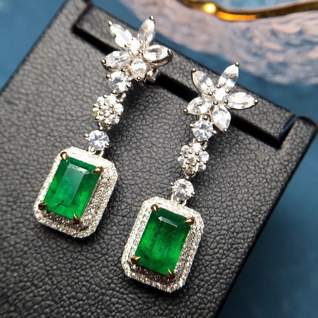 14k Gold 3.79 Ctw Vivid Green Natural Emerald & Diamond Earrings - 7