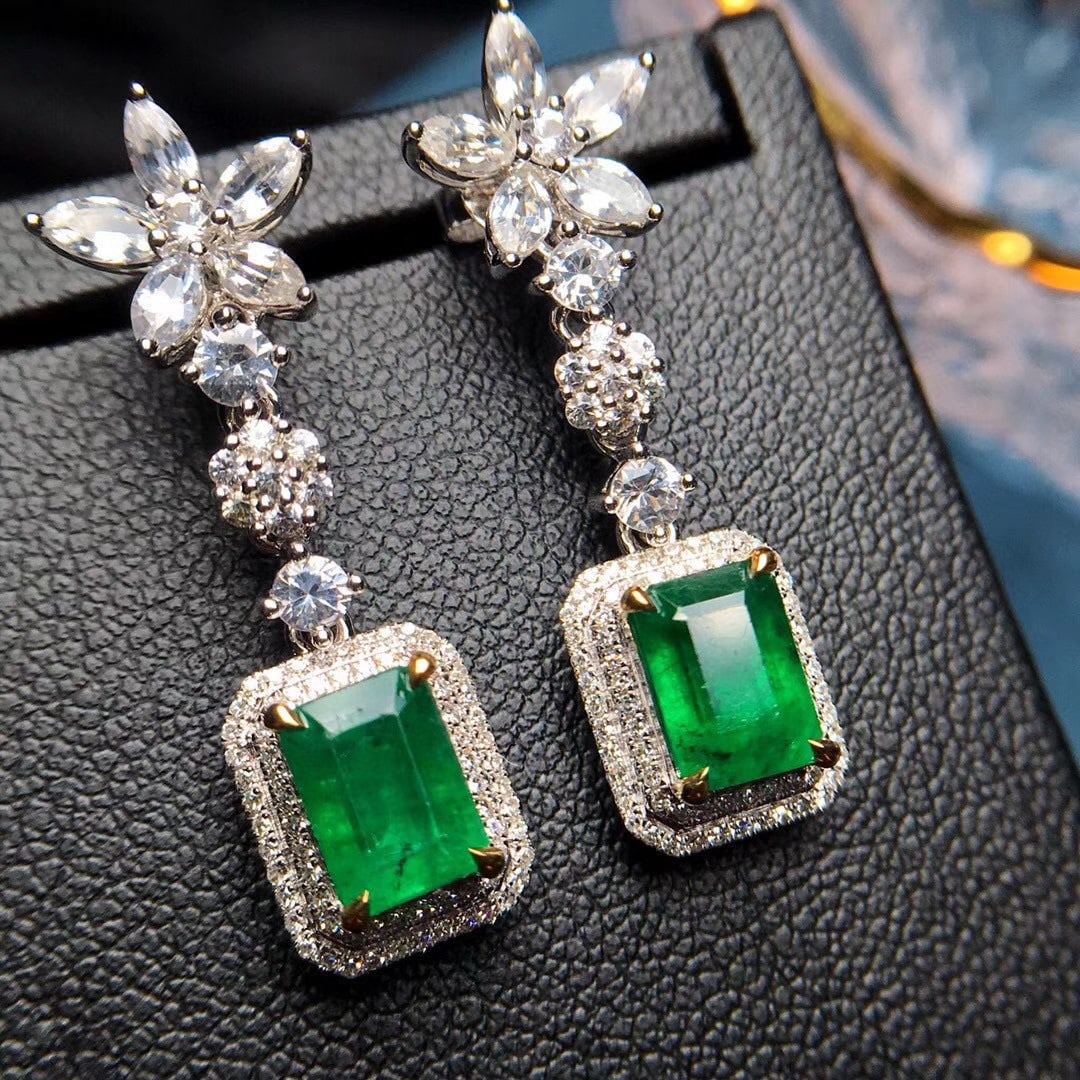 14k Gold 3.79 Ctw Vivid Green Natural Emerald & Diamond Earrings - 8