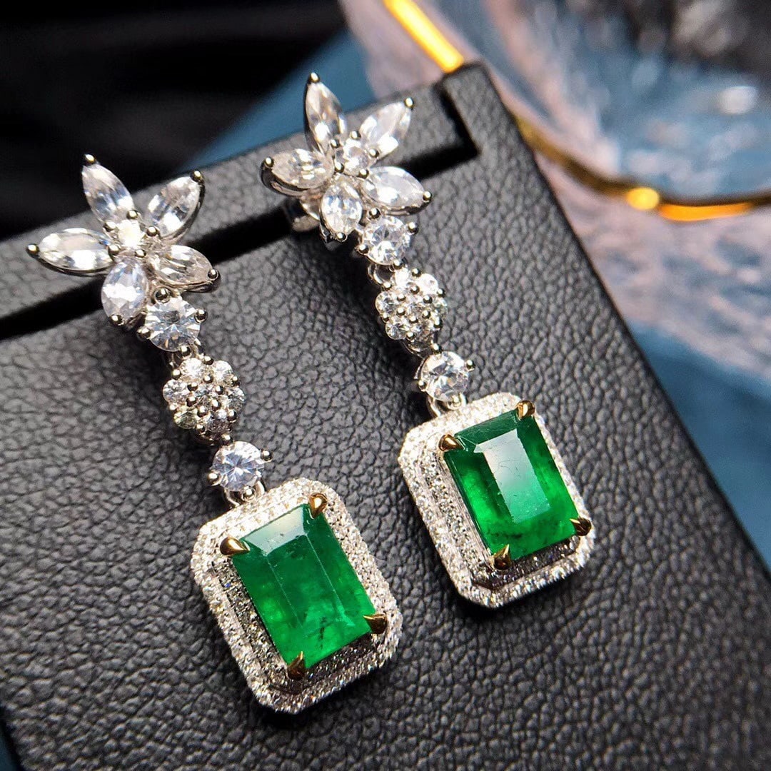 14k Gold 3.79 Ctw Vivid Green Natural Emerald & Diamond Earrings - 9