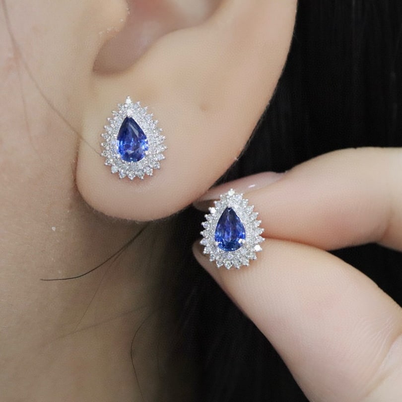 14k Gold 1.37 Ctw Natural Sapphire & Diamond Earrings - 5