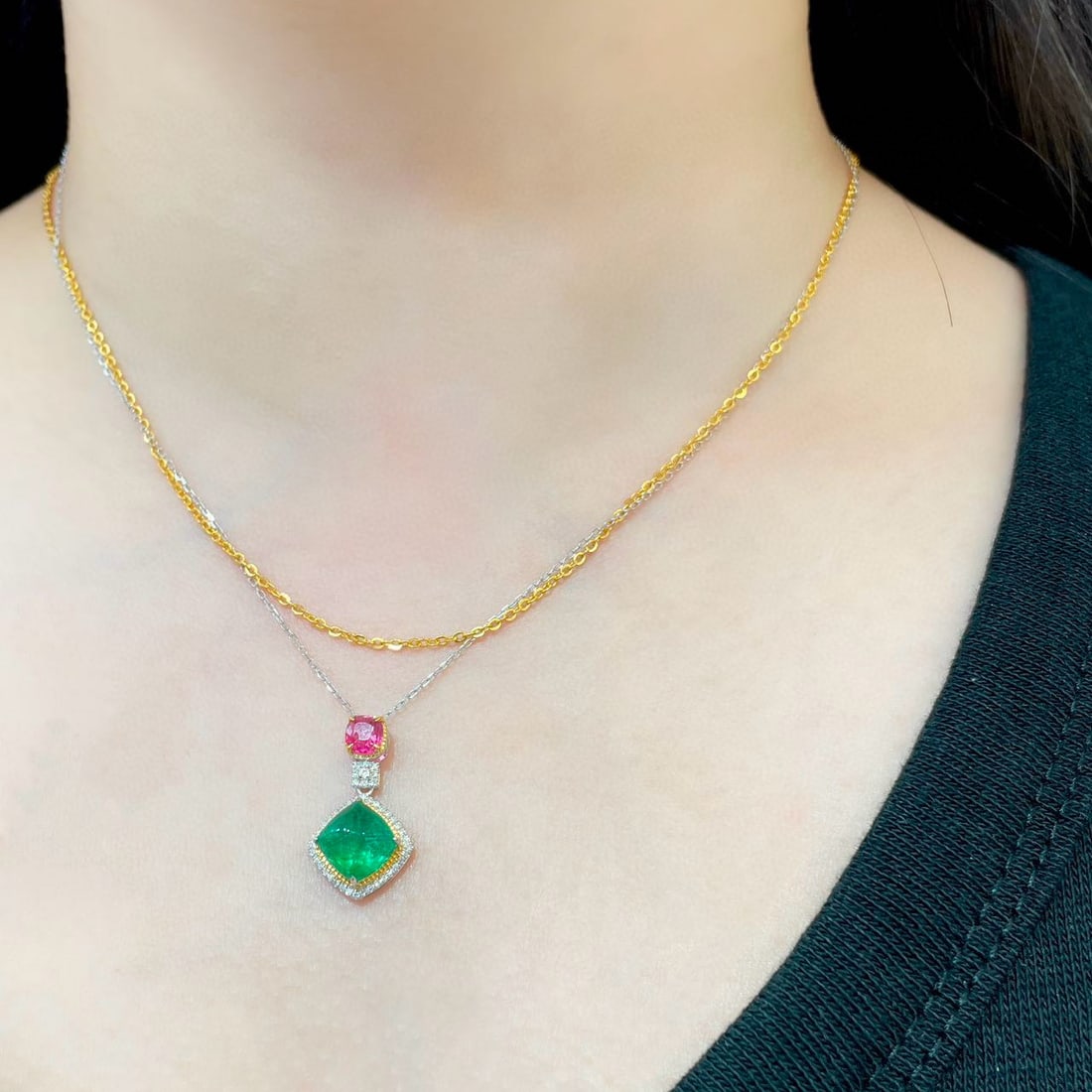 14k Gold 2.94 Ctw Natural Emerald & Spinel Pendant( Without Chain ) - 4
