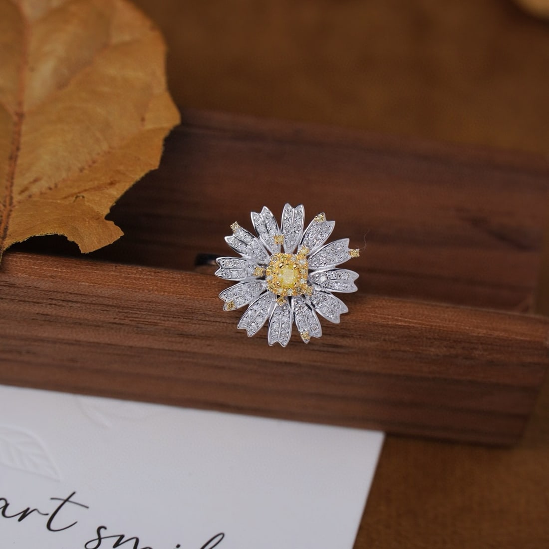 14k Gold 0.75 Ct Natural Color Diamond & Flowers Ring - 5