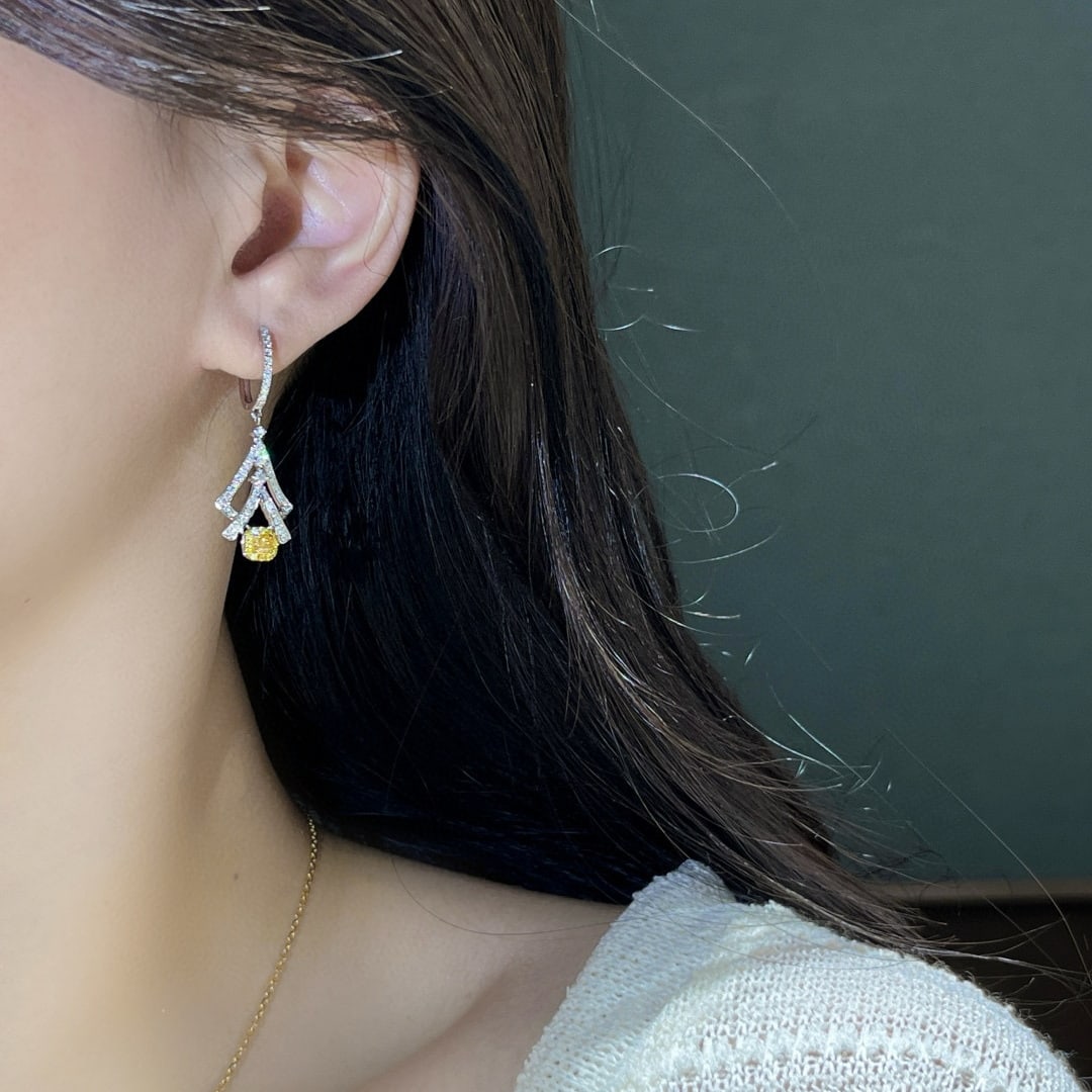 14k Gold 0.97 Ctw Natural Yellow Diamond & Diamond Earrings - 3