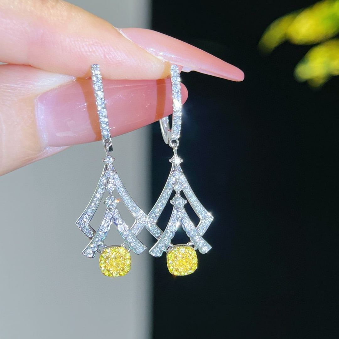 14k Gold 0.97 Ctw Natural Yellow Diamond & Diamond Earrings - 4