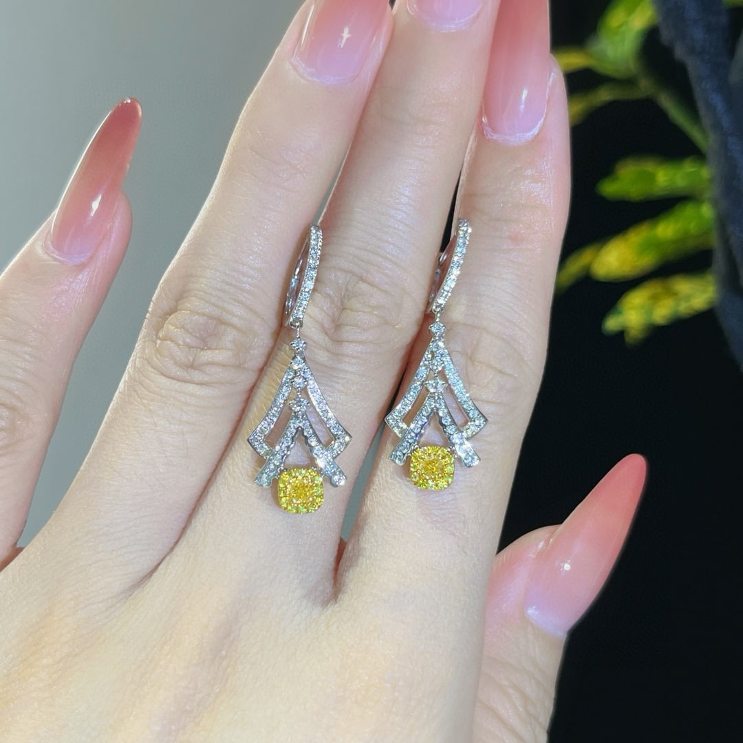 14k Gold 0.97 Ctw Natural Yellow Diamond & Diamond Earrings - 5