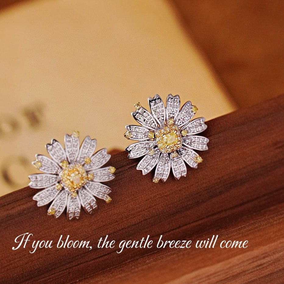 14k Gold 0.9 Ct Natural Color Diamond & Flowers Earrings - 4