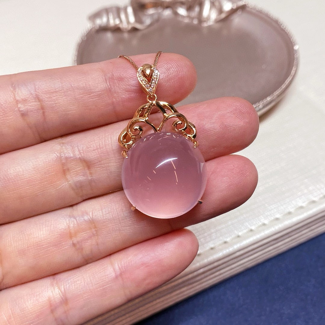 14k Gold 37.82 Ct Natural Rose Quartz & Diamond Pendant( Without Chain ) - 3