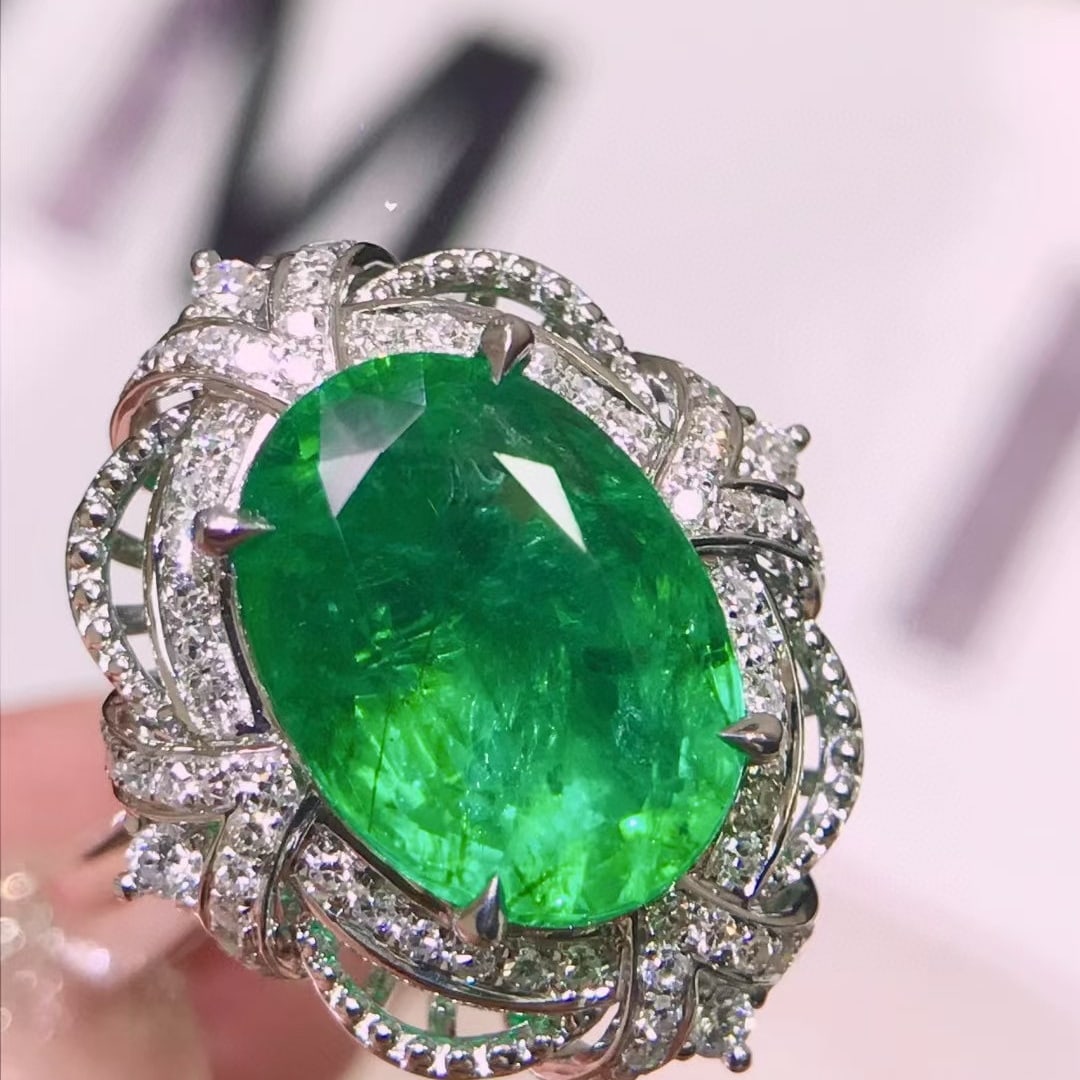 14k Gold 4.21 Ctw Vivid Green Natural Emerald & Diamond Ring/pendant( Without Chain ) - 3