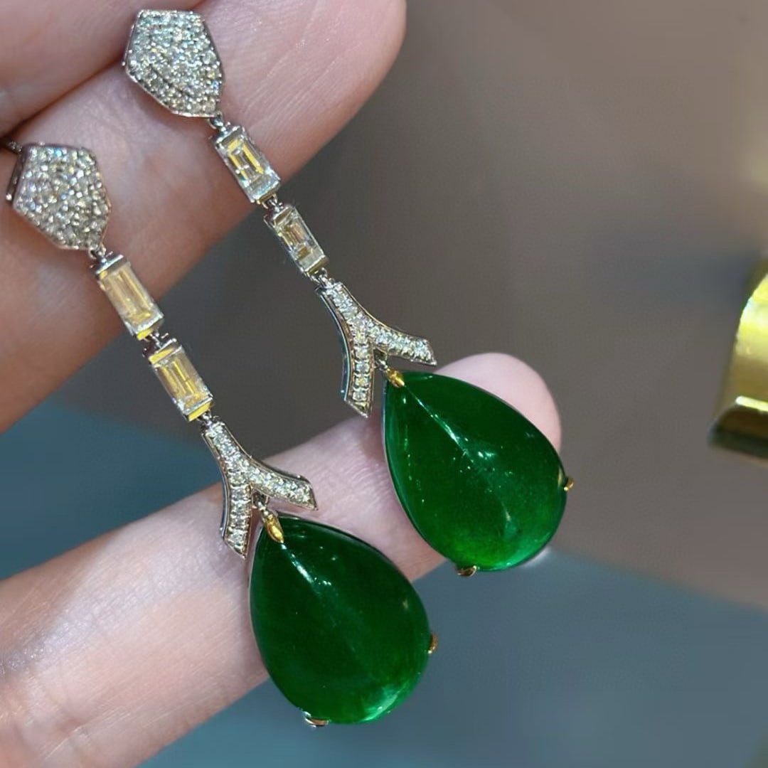 14k Gold 16.18 Ct Vivid Green Natural Emerald & Diamond Earrings - 2