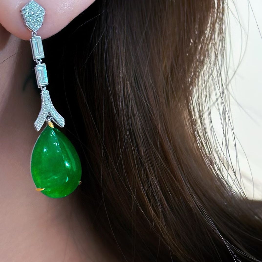 14k Gold 16.18 Ct Vivid Green Natural Emerald & Diamond Earrings - 3