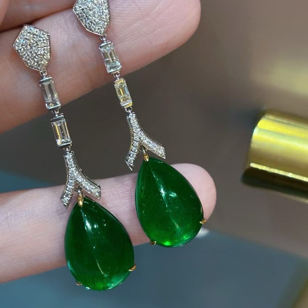 14k Gold 16.18 Ct Vivid Green Natural Emerald & Diamond Earrings - 5