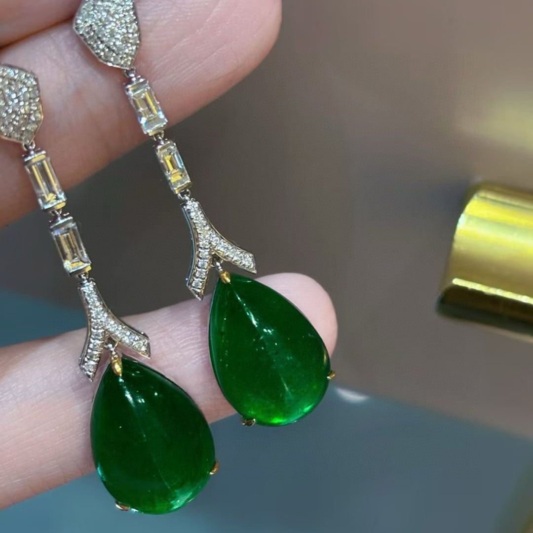 14k Gold 16.18 Ct Vivid Green Natural Emerald & Diamond Earrings - 6