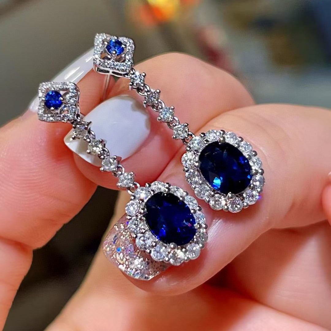 14k Gold 3.36 Ctw Natural Sapphire & Diamond Earrings - 2