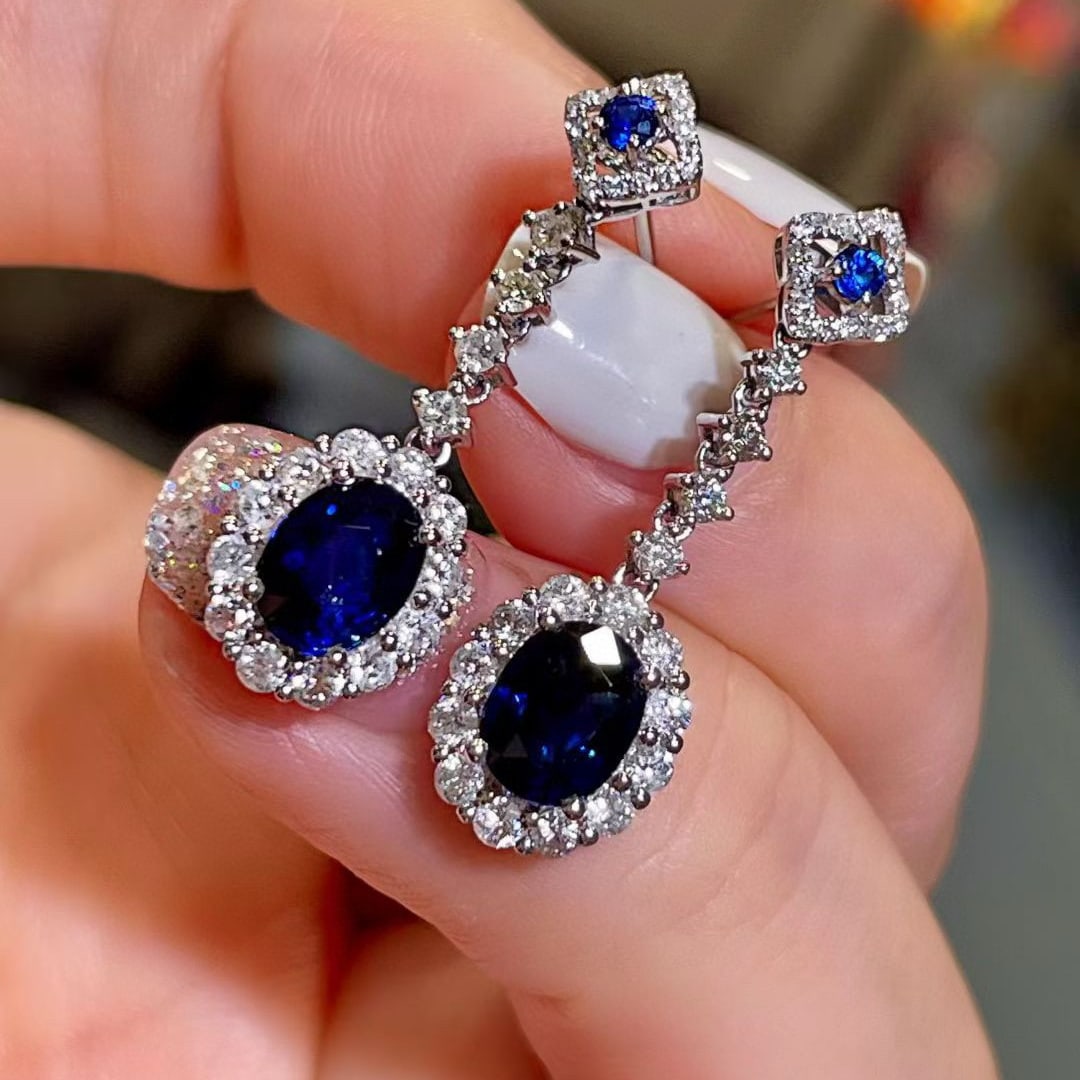 14k Gold 3.36 Ctw Natural Sapphire & Diamond Earrings - 3