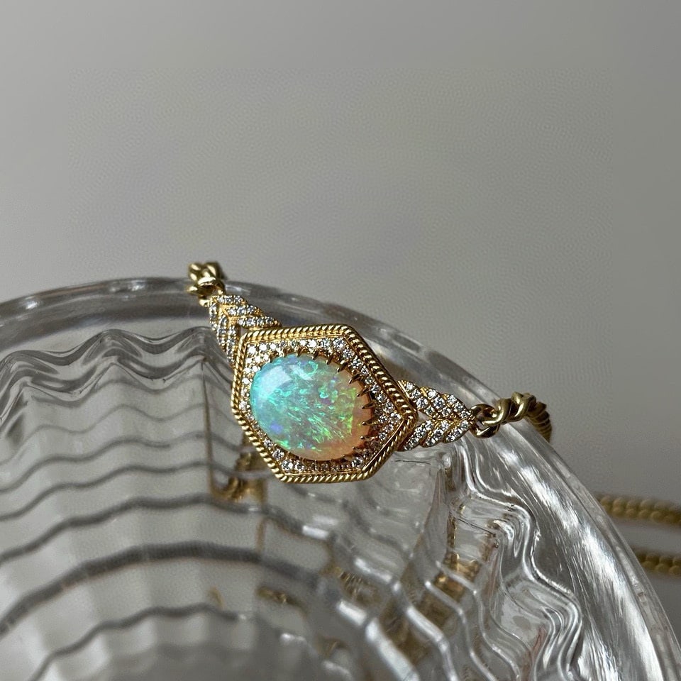 14k Gold 1.6 Ct Natural Opal & Diamond Necklace - 2
