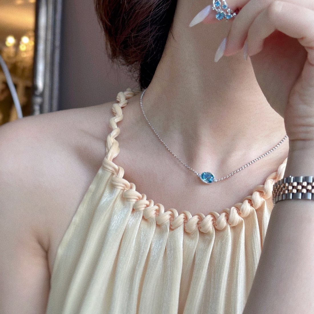 14k Gold 1.1 Ct Natural Aquamarine & Diamond Necklace - 6