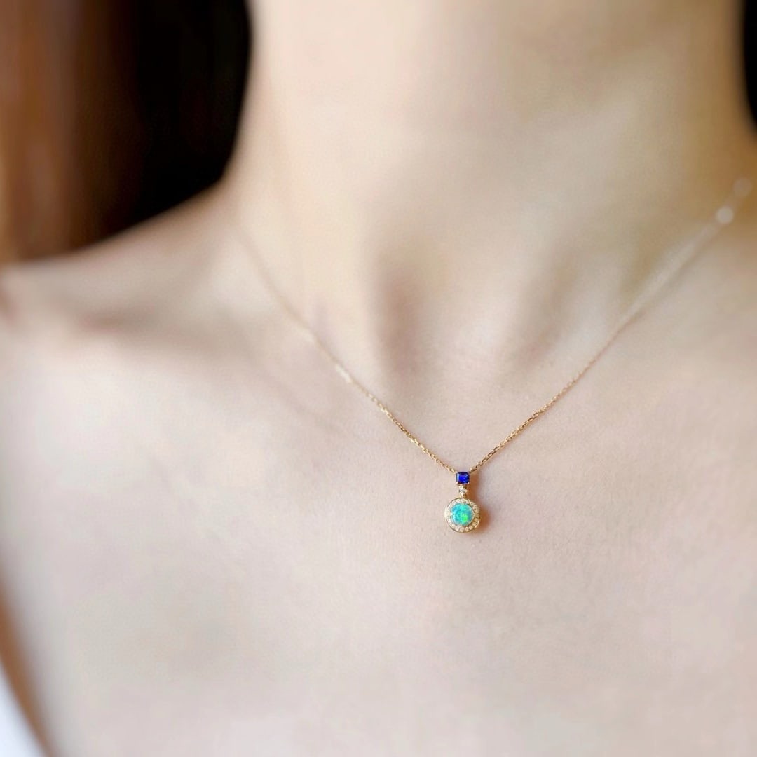 14k Gold 0.32 Ctw Natural Opal & Sapphire Necklace - 4