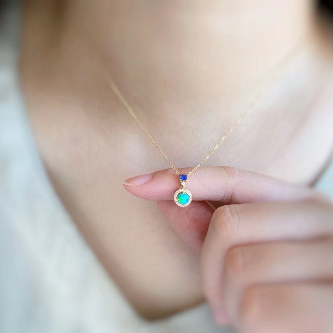 14k Gold 0.32 Ctw Natural Opal & Sapphire Necklace - 5