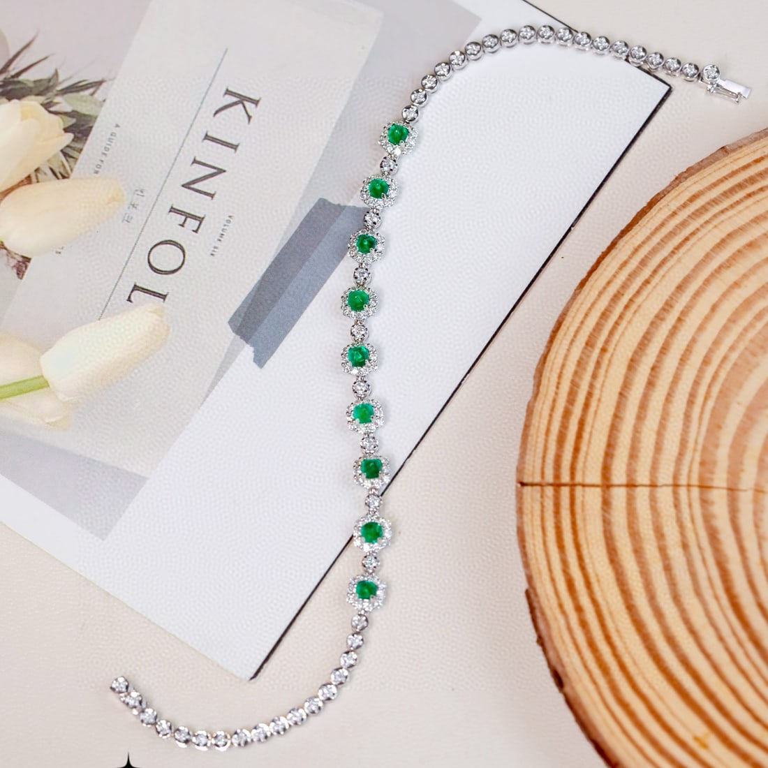 14k Gold 2.13 Ctw Vivid Green Natural Emerald & Diamond Bracelet - 5