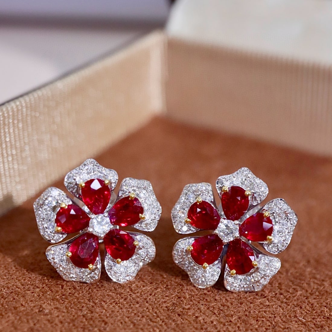 14k Gold 2.42 Ctw Natural Ruby & Diamond & Flowers Earrings: Ref:231058448 // gold content:14k gold // main gemstone:ruby // shape:pear // carat weight:2. 0ct // color:red // treatment:natural // // adjacent gemstone 2 : diamond // shape:round // carat