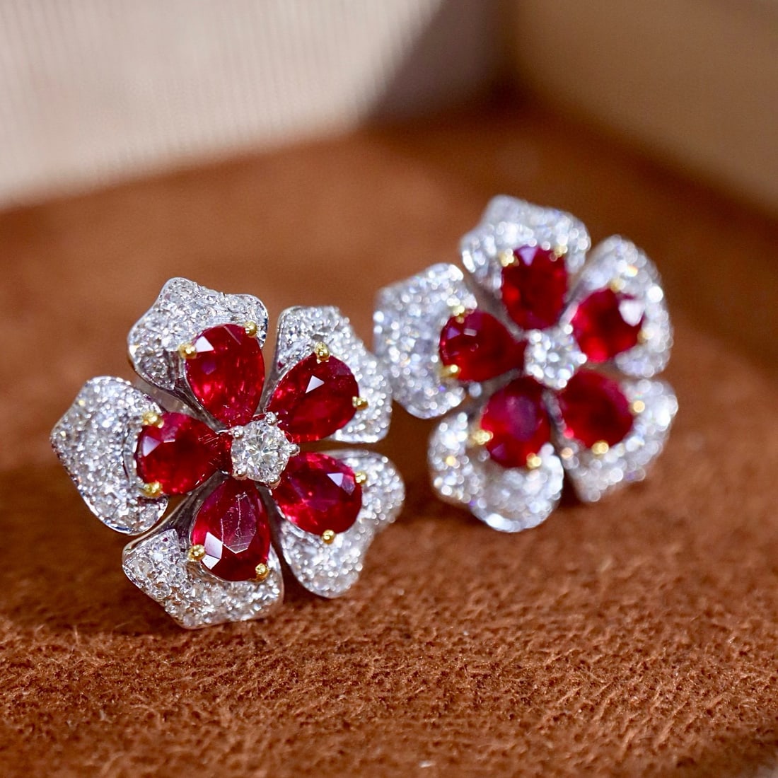 14k Gold 2.42 Ctw Natural Ruby & Diamond & Flowers Earrings - 2