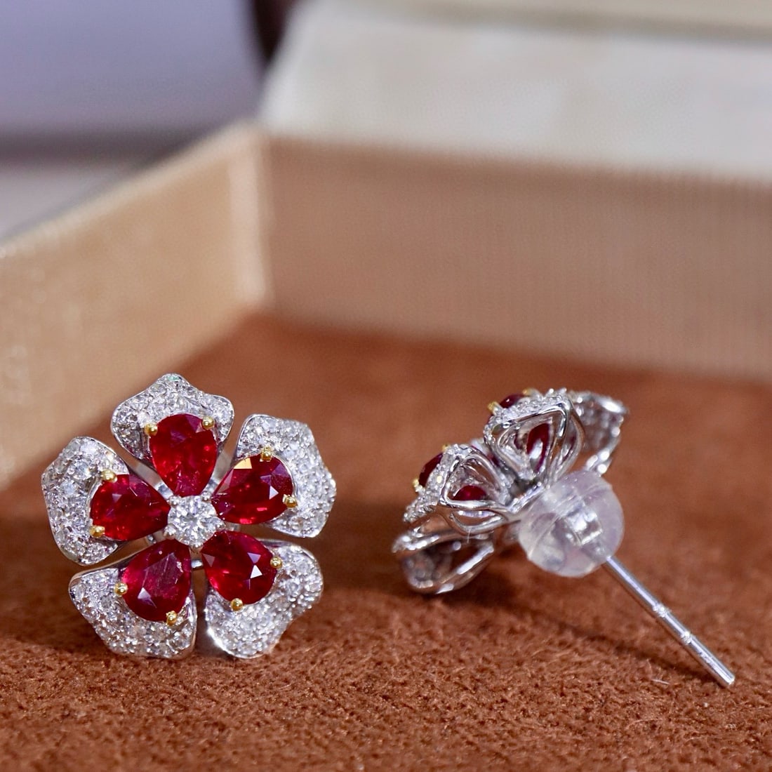 14k Gold 2.42 Ctw Natural Ruby & Diamond & Flowers Earrings - 4