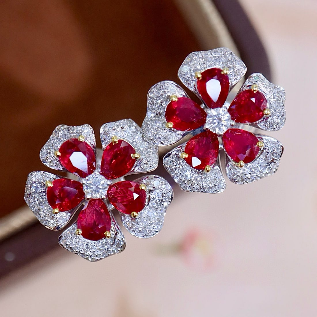 14k Gold 2.42 Ctw Natural Ruby & Diamond & Flowers Earrings - 5