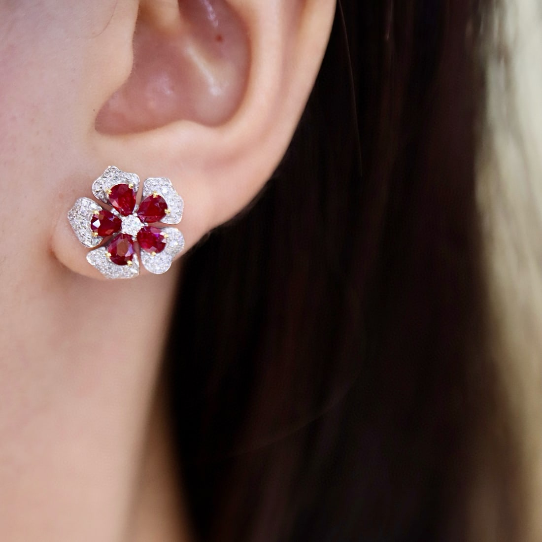 14k Gold 2.42 Ctw Natural Ruby & Diamond & Flowers Earrings - 6