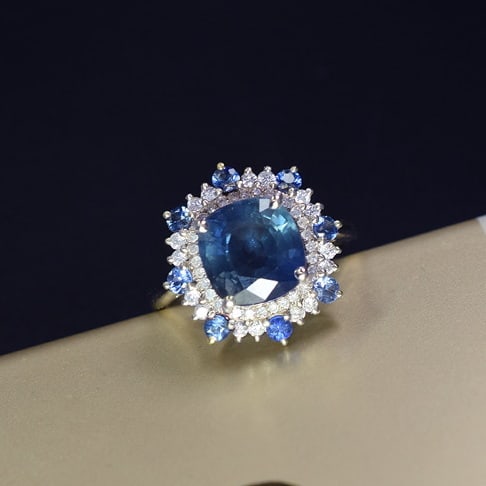 14k Gold 3.76 Ctw Natural Sapphire & Diamond Ring: Ref:231059031 // gold content:14k gold // ring size:7. 25us // // main gemstone:sapphire // shape:cushion // carat weight:3. 4ct // color:blue // treatment:natural // // adjacent gemstone 2 : diamond
