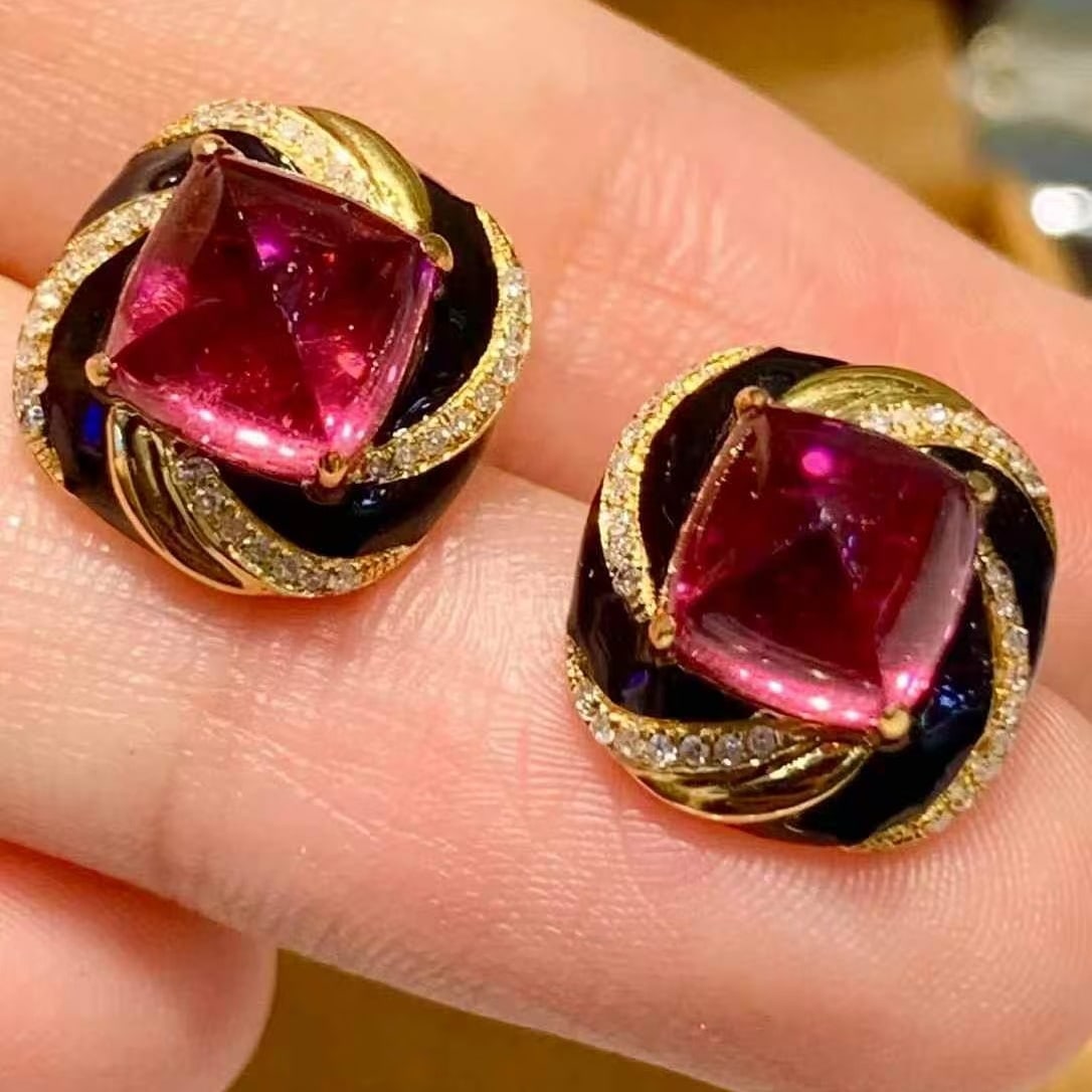 14k Gold 5.7 Ct Natural Tourmaline & Diamond Earrings - 2